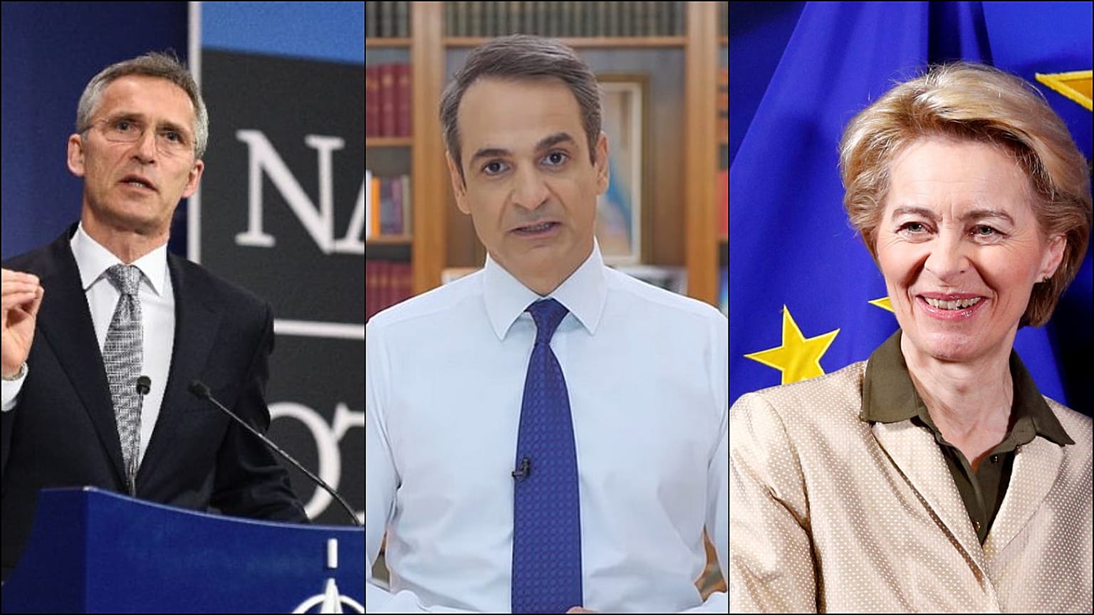 Jens Stoltenberg - Kiryakos Miçotakis - Ursula von der Leyen