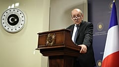 French Foreign Minister Jean-Yves Le Drian speaks during a joint news conference with Turkey's Foreign Minister Mevlut Cavusoglu, in Ankara, Turkey, Thursday, June 13, 2019
