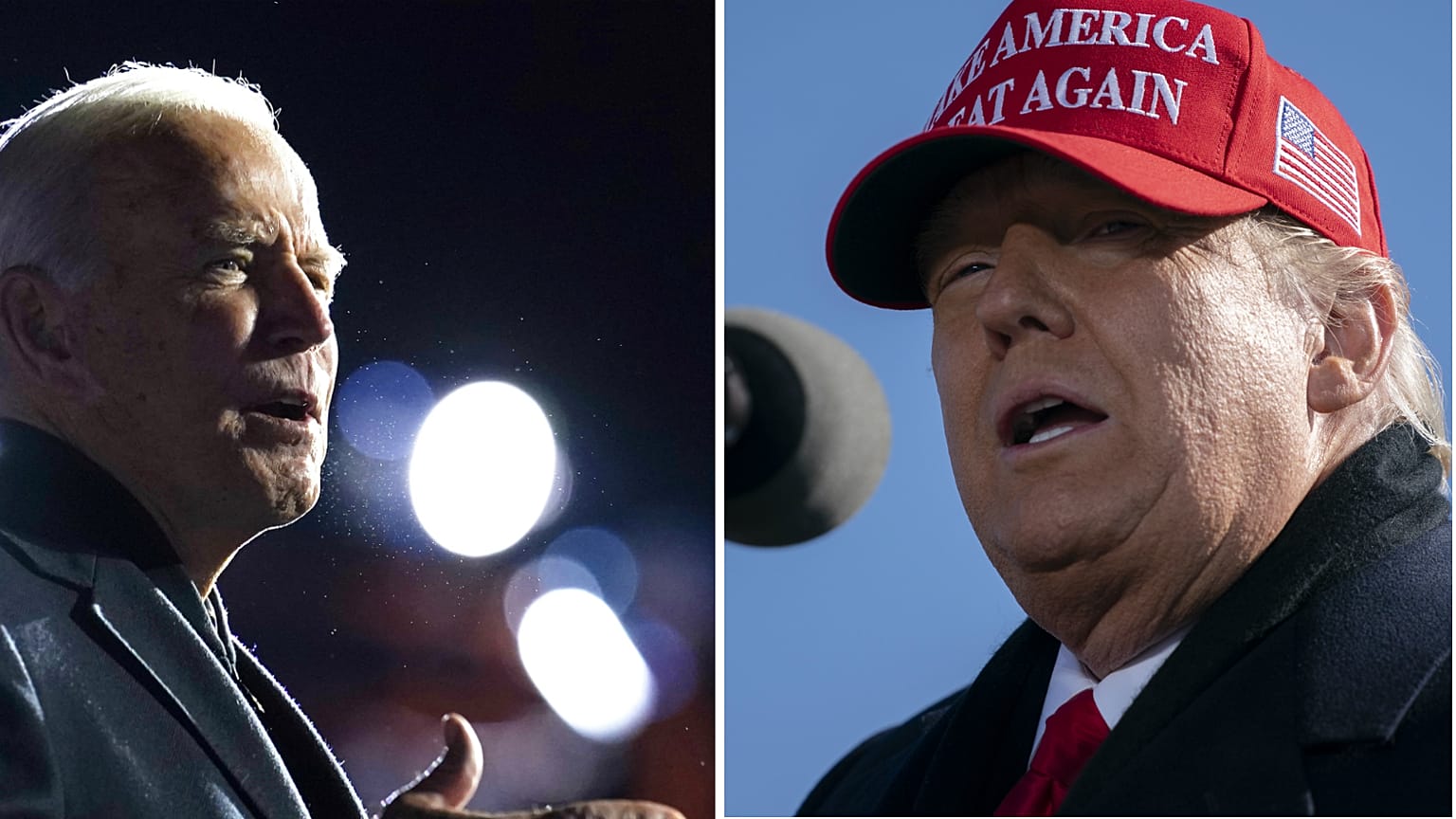 Joe Biden (left) is strengthening his lead against rival Donald Trump (right), according to latest forecasts