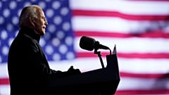 Democratic presidential candidate former Vice President Joe Biden speaks at a drive-in rally at Heinz Field, Monday, Nov. 2, 2020, in Pittsburgh. 