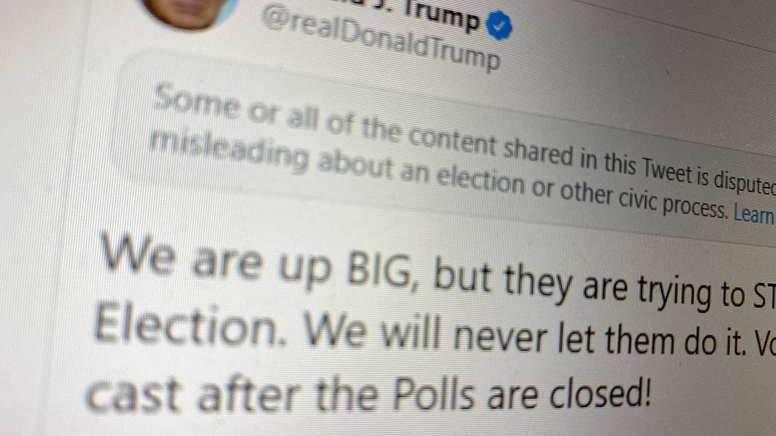 A warning appeared above the tweet shortly after it was posted