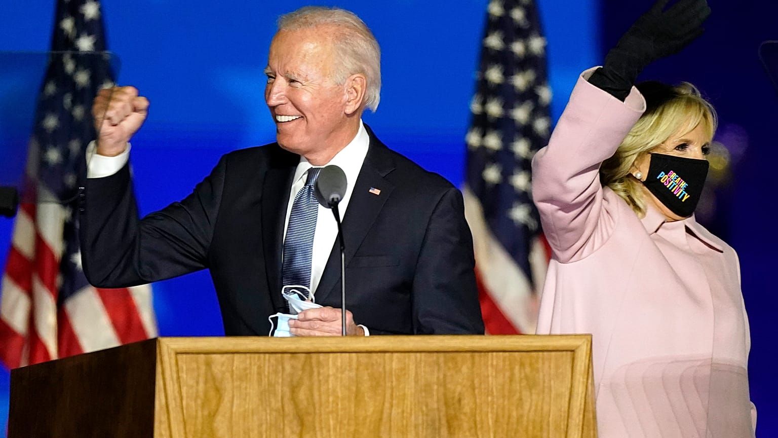 Joe Biden arrives with his wife Jill Biden to speak to supporters Wednesday, Nov. 4, 2020, in Wilmington, Del