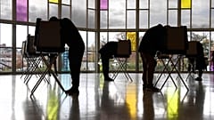 Voters mark their ballots at First Presbyterian Church on Election Day in Stamford, Connecticut