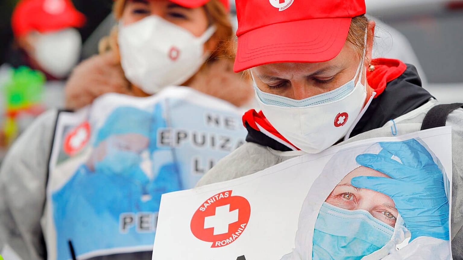 Health care workers demonstrate in "eshaustion protest" in Romania's capital.