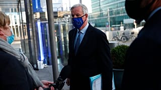 European Commission's Head of Task Force for Relations with the United Kingdom Michel Barnier talks to journalists as he leaves the European Commission headquarters in Brussel