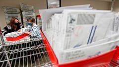 Lehigh County workers count ballots as vote counting in the general election continues, Thursday, Nov. 5, 2020, in Allentown, Pa.