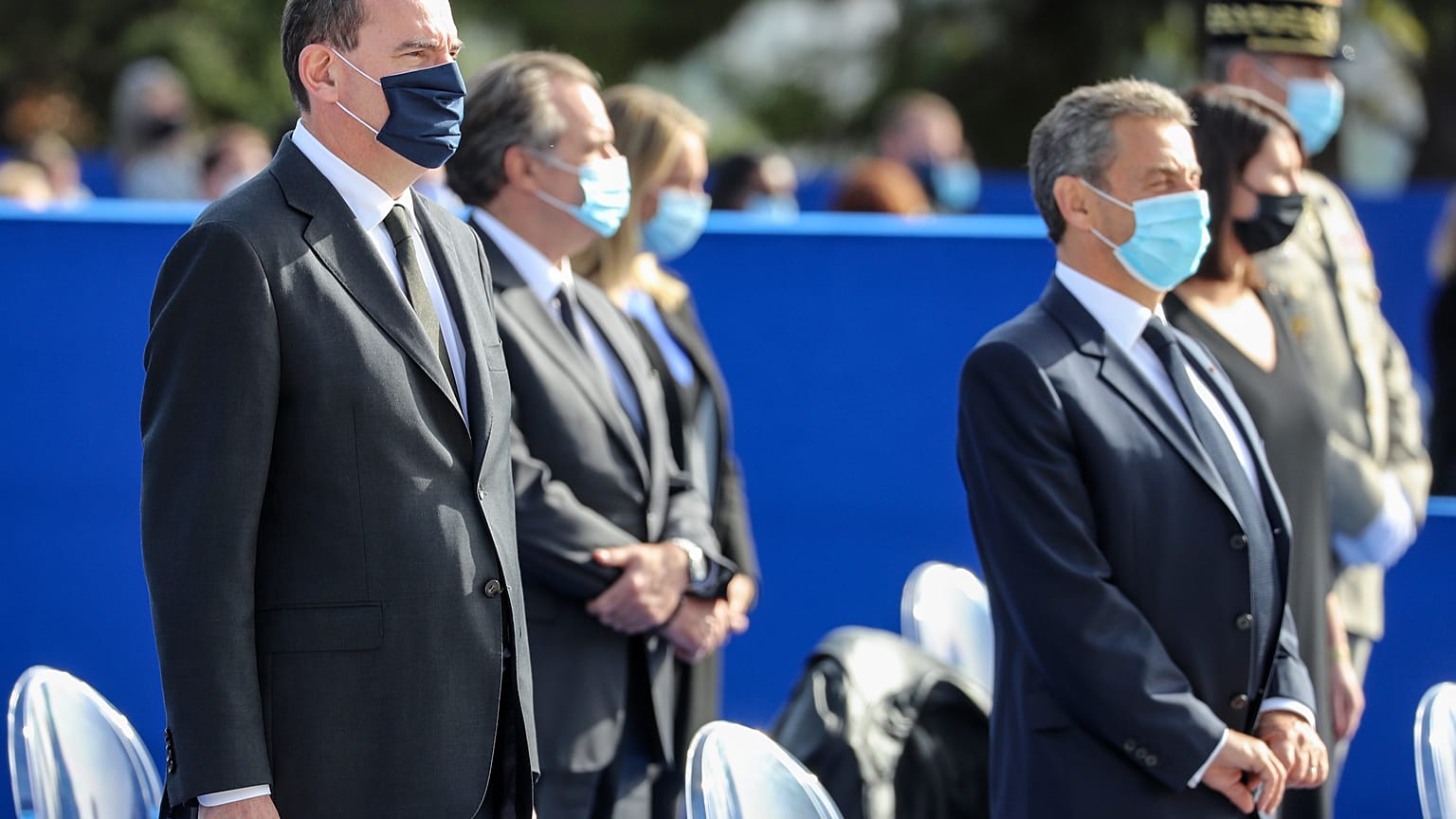 French Prime Minister Jean Castex (L) and former French president Nicolas Sarkozy (R) attend a ceremony in Nice, on November 7, 2020