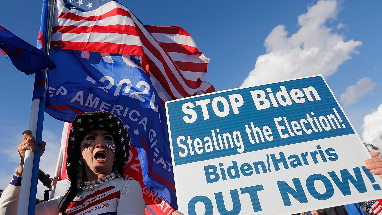 Supporters of President Donald Trump rally in Beverly Hills, California, on Saturday, November 7, 2020.