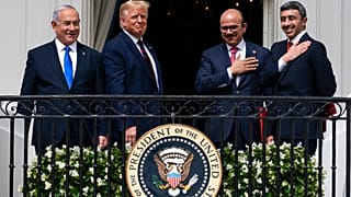 Israeli Prime Minister Benjamin Netanyahu, left, President Donald Trump, Bahrain's Khalid bin Ahmed Al Khalifa the UAE's Foreign Minister Abdullah Zayed al-Nahyan