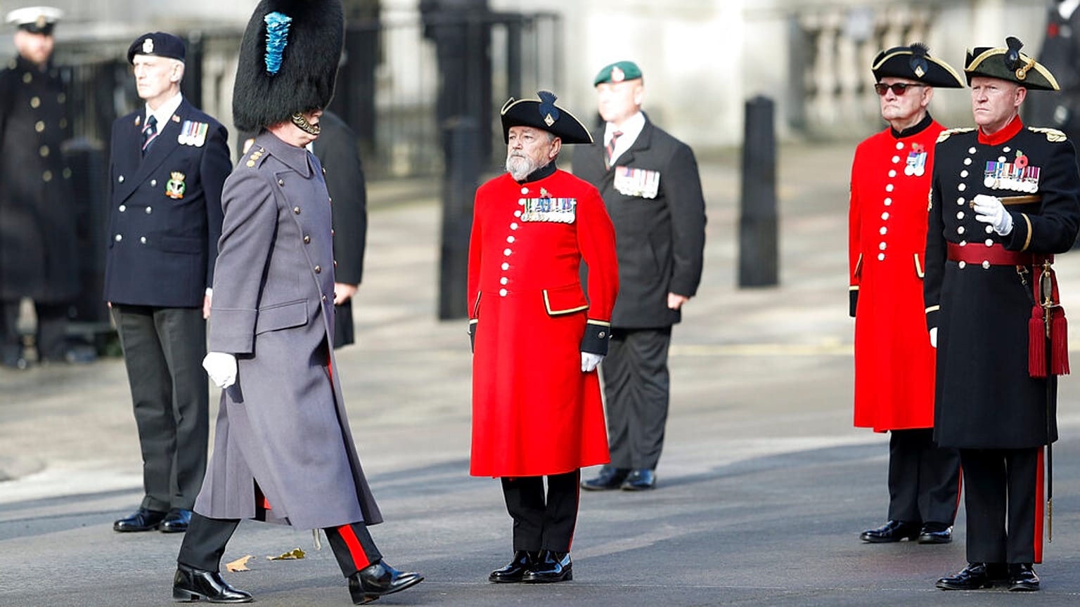 Veterans line up ahead of the start of the Remembrance Sunday service at the Cenotaph, in Whitehall, London, Sunday Nov. 8, 2020.