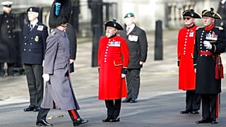 Veterans line up ahead of the start of the Remembrance Sunday service at the Cenotaph, in Whitehall, London, Sunday Nov. 8, 2020.