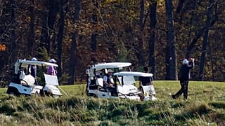 President Donald Trump participates in a round of golf at the Trump National Golf Course on Saturday, Nov. 7, 2020, in Sterling, Va. 