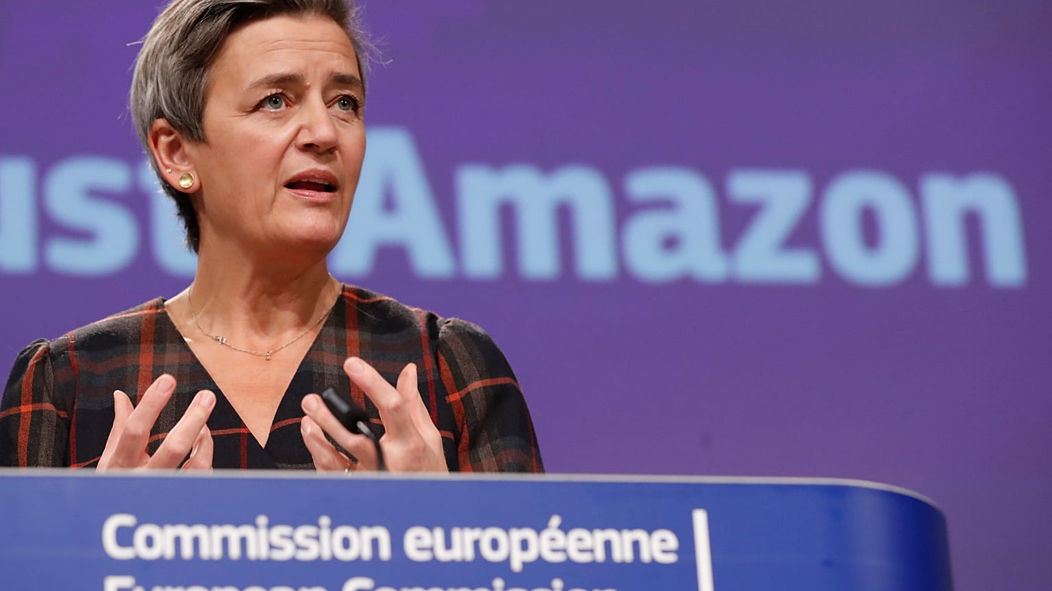 European Executive Vice-President Margrethe Vestager during a press conference regarding an antitrust case with Amazon in Brussels on Nov. 10, 2020.