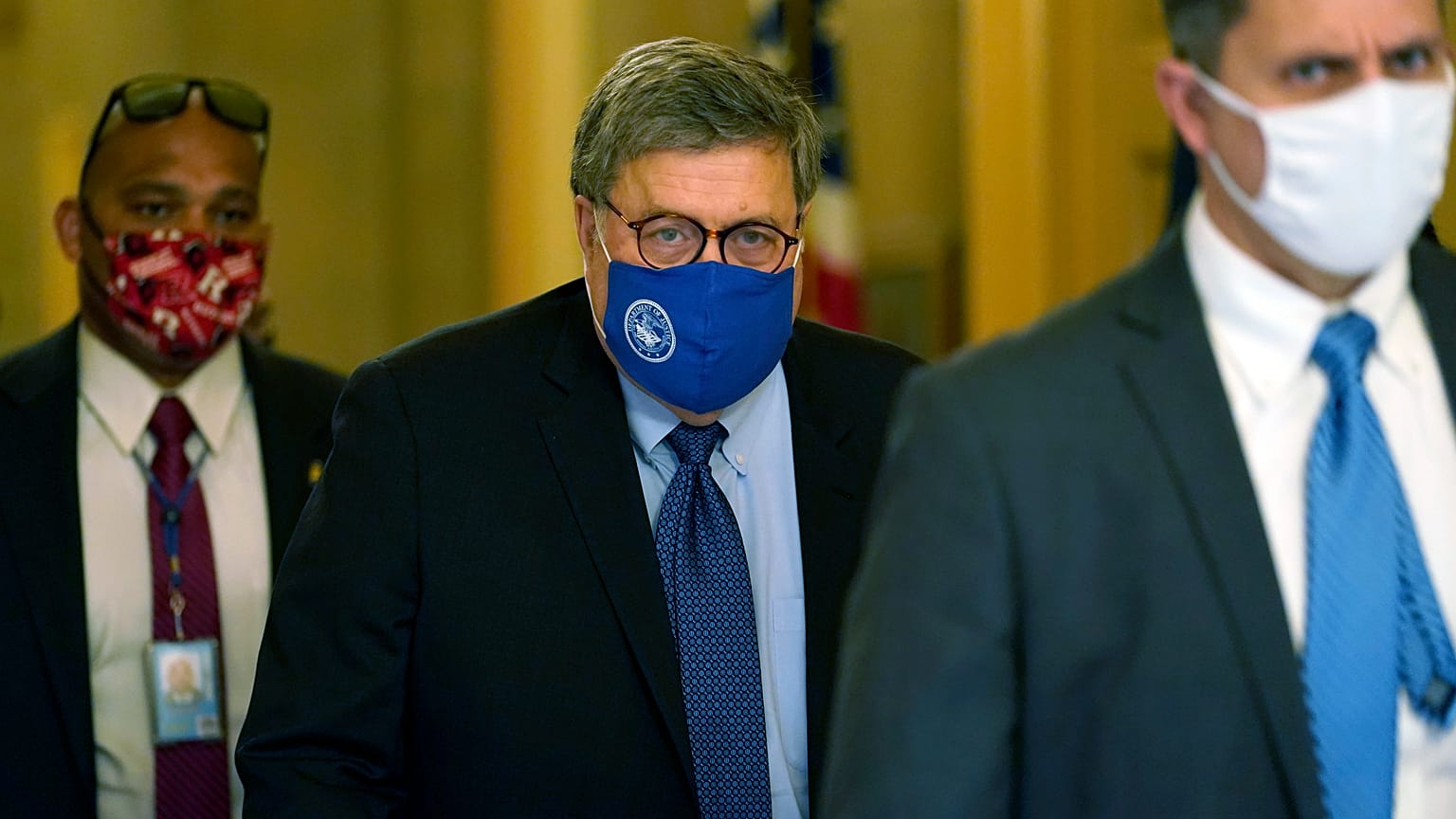 US Attorney General William Barr leaves the office of Senate Majority Leader Mitch McConnell of Ky., on Capitol Hill in Washington, Monday, Nov. 9, 2020. 