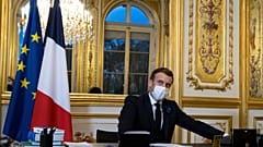 French President Emmanuel Macron speaks on the telephone to US President-elect Joe Biden, at the Elysee Palace in Paris, Tuesday, Nov. 10, 2020.