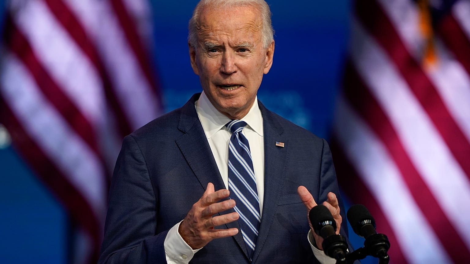 President-elect Joe Biden speaks Tuesday, Nov. 10, 2020, at The Queen theater in Wilmington, Del.
