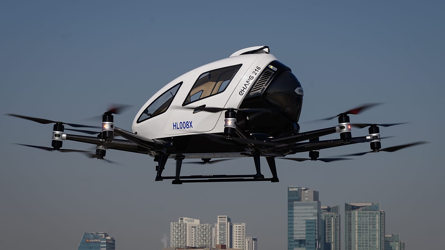 An EHang all-electric Vertical Takeoff performs an unmanned display flight.
