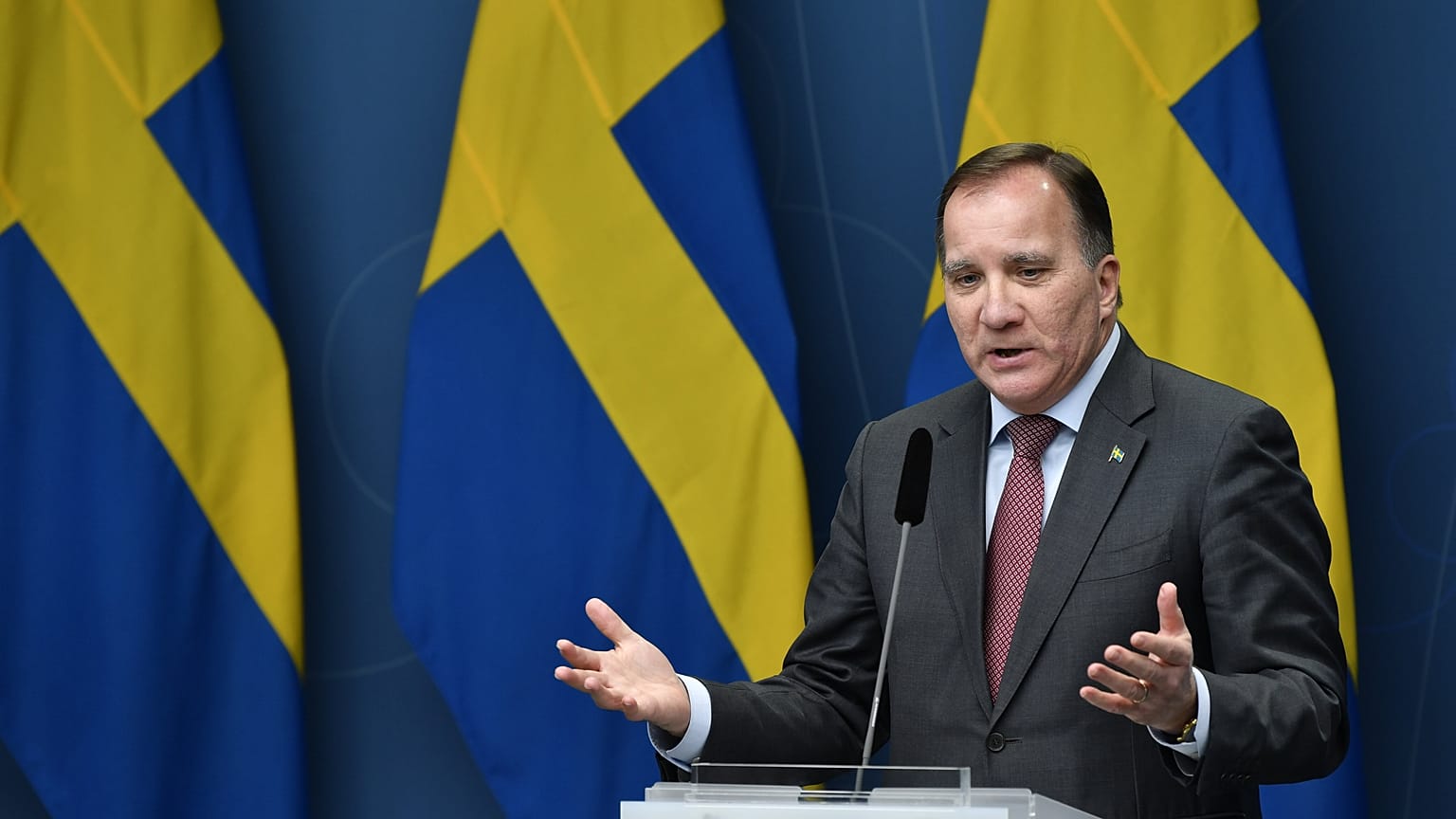 Stefan Lofven gives a news conference on new restrictions to curb the spread of the coronavirus pandemic, in Stockholm, Sweden, Wednesday Nov. 11, 2020