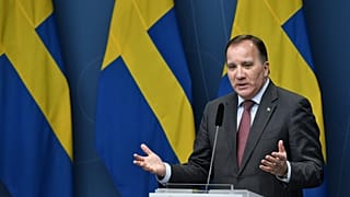 Stefan Lofven gives a news conference on new restrictions to curb the spread of the coronavirus pandemic, in Stockholm, Sweden, Wednesday Nov. 11, 2020