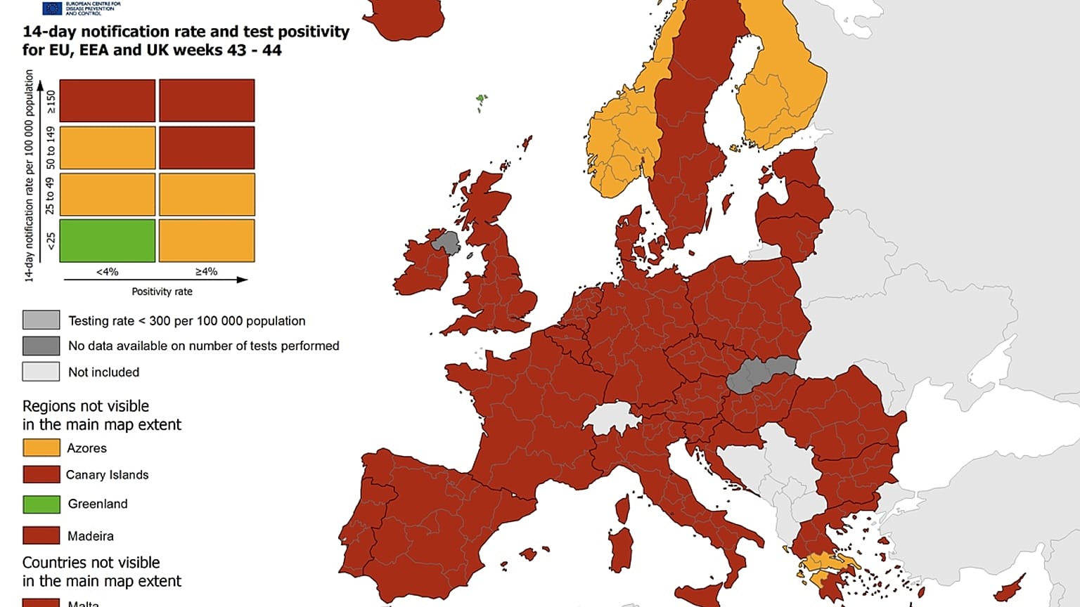 Mapa con indicaciones de tasa de contagio que sirve como guía para las restricciones de viaje