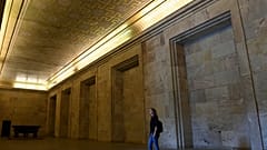 A visitor stands at the Goldener Saal (golden hall) inside the Zeppelintribuene granstand at the Zeppelinfeld (Zeppelin field)