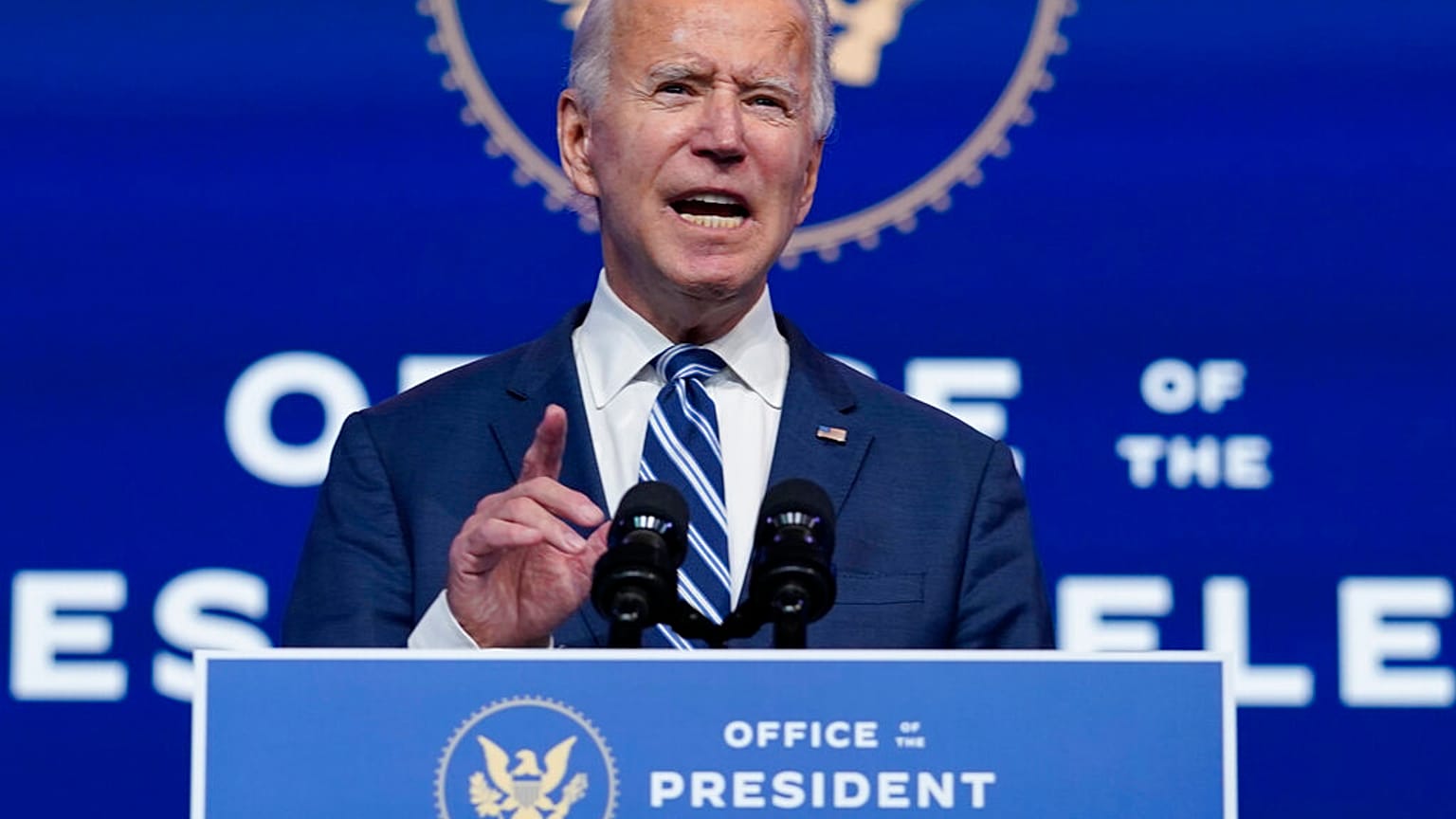 President-elect Joe Biden speaks at The Queen theatre, Tuesday, Nov. 10, 2020, in Wilmington