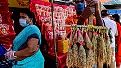 A man wearing a face mask sells sheaves of rice used to perform rituals during Diwali, the Hindu festival of lights, in Kolkata, India, Saturday, Nov. 14, 2020.  