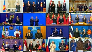 Leaders and trade ministers of 15 Regional Comprehensive Economic Partnership (RCEP) countries pose for a virtual group photo in Hanoi, Vietnam on Sunday, Nov. 15, 2020.