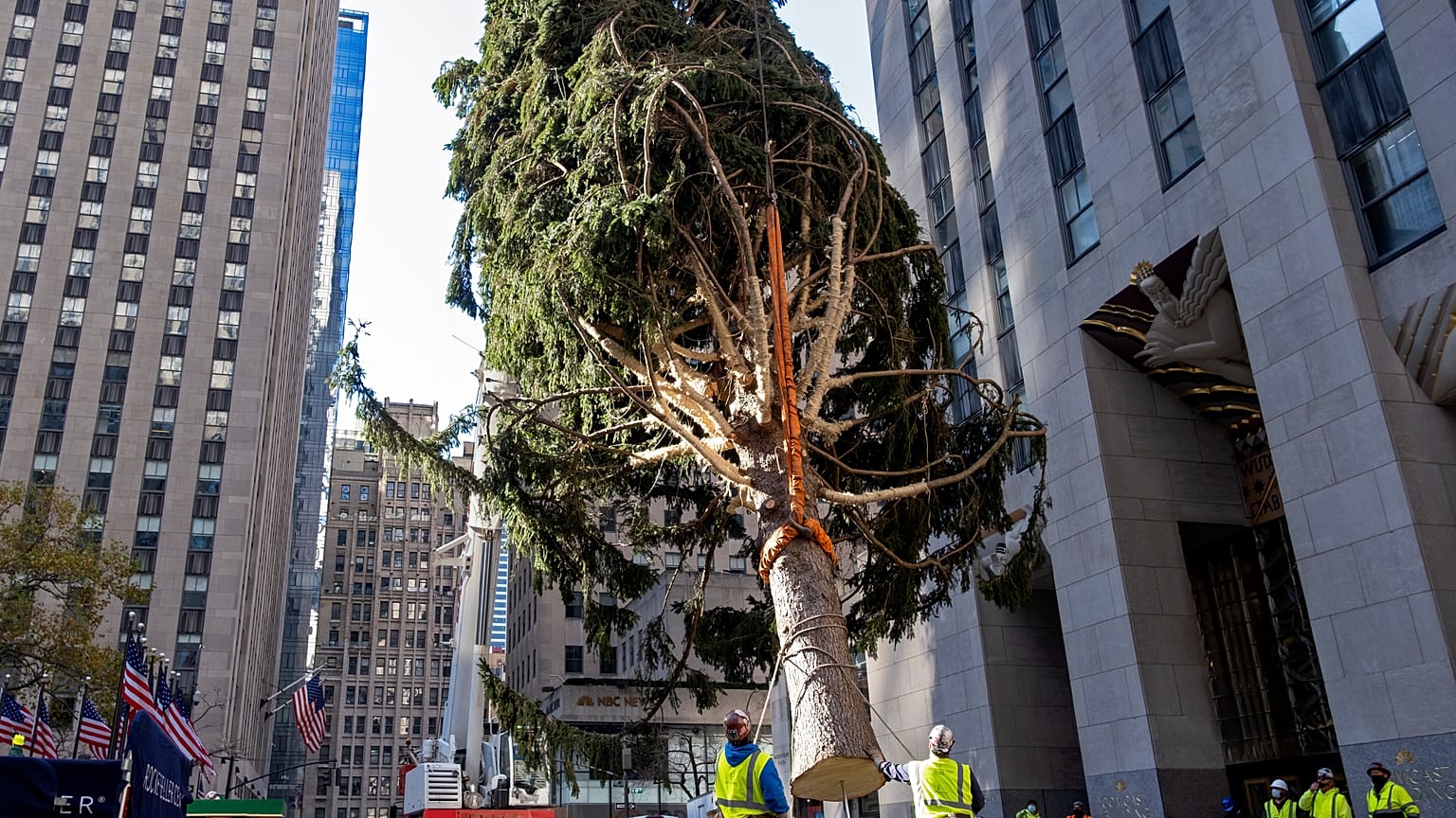 Vorweihnachtliche Stimmung im Big Apple: Vor dem Rockefeller Center steht jetzt der traditionelle Weihnachtsbaum