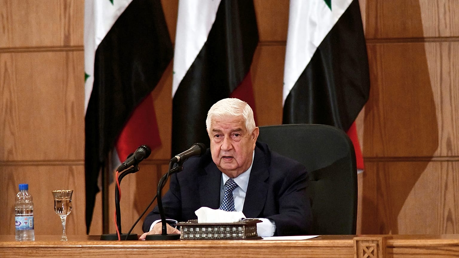 وزير الخارجية السوري وليد المعلم خلال مؤتمر صحفي، في دمشق، سوريا
