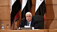وزير الخارجية السوري وليد المعلم خلال مؤتمر صحفي، في دمشق، سوريا