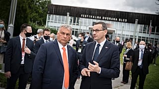 Orbán Viktor és Mateusz Morawiecki a 15. Bledi Stratégiai Fórum nemzetközi konferencián 2020. augusztus 31-én.