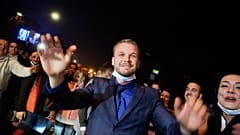Drasko Stanivukovic from the Party of Democratic Progress (PDP) celebrates his victory in Banja Luka.