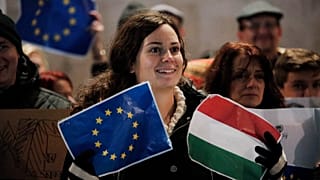 Együtt az EU-s és a magyar zászló egy demonstráló kezében (illusztráció)