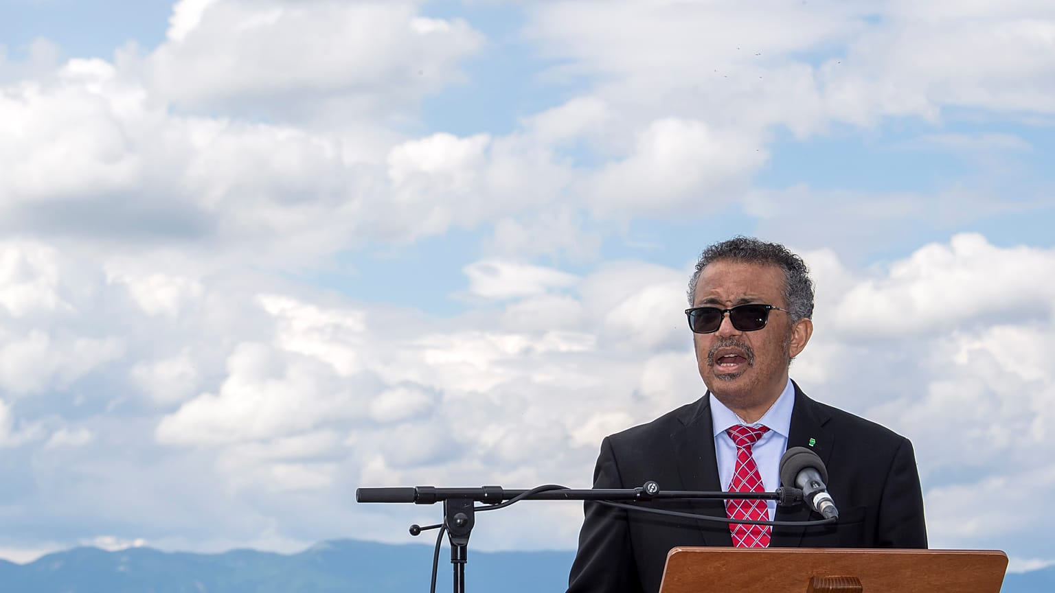 WHO, World Health Organization Director-General, Tedros Adhanom Ghebreyesus, speaks during the relaunch ceremony of the famous fountain 'Le Jet d'Eau', which was postponed due