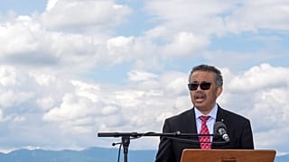 WHO, World Health Organization Director-General, Tedros Adhanom Ghebreyesus, speaks during the relaunch ceremony of the famous fountain 'Le Jet d'Eau', which was postponed due