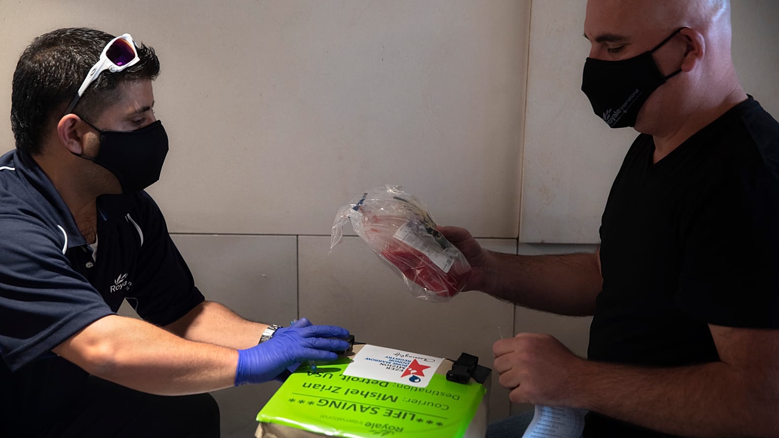Dorme negli aeroporti vuoti e riparte subito dopo la consegna per evitare la quarantena: Mishel Zrian, corriere israeliano (a dx) riceve il midollo osseo da trasportare.