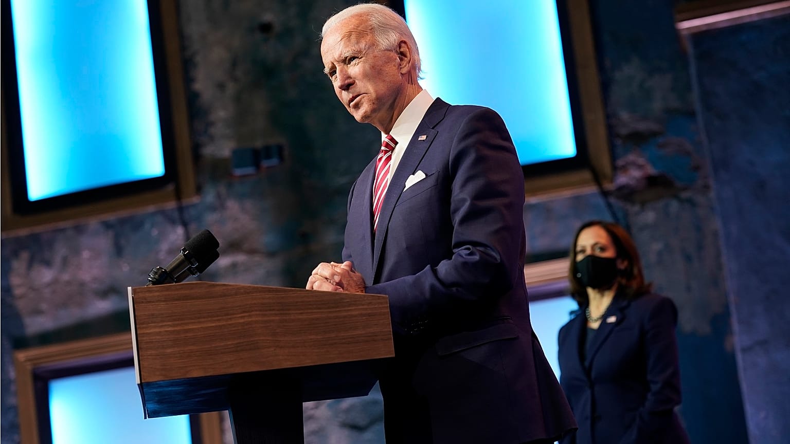 President-elect Joe Biden, accompanied by Vice President-elect Kamala Harris, speaks about the US economic recovery at The Queen theater in Wilmington, Delaware.