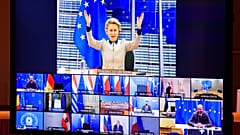 European Commission President Ursula von der Leyen, top, gestures as she talks with EU leaders during an EU Summit video conference at the European Council building.