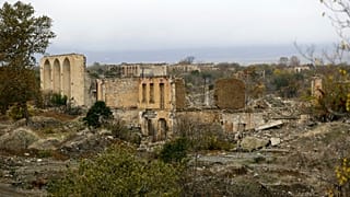 A view of a vast expanse of jagged concrete and houses reduced to shells in Agdam, before Azerbaijani forces were handed control. Thursday, Nov. 19, 2020.