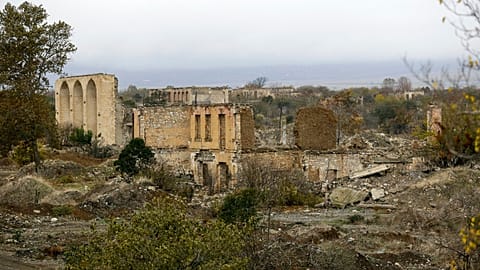 A view of a vast expanse of jagged concrete and houses reduced to shells in Agdam, before Azerbaijani forces were handed control. Thursday, Nov. 19, 2020.
