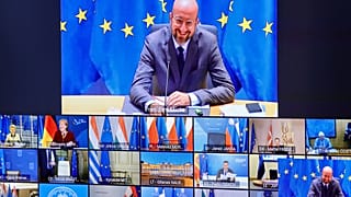 European Council President Charles Michel, top, talks with EU leaders during an EU Summit video conference at the European Council building in Brussels, Nov. 19, 2020