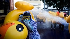 Protesters take cover with inflatable ducks as police fire water cannon during an anti-government rally near the parliament in Bangkok, Thailand. November 17, 2020