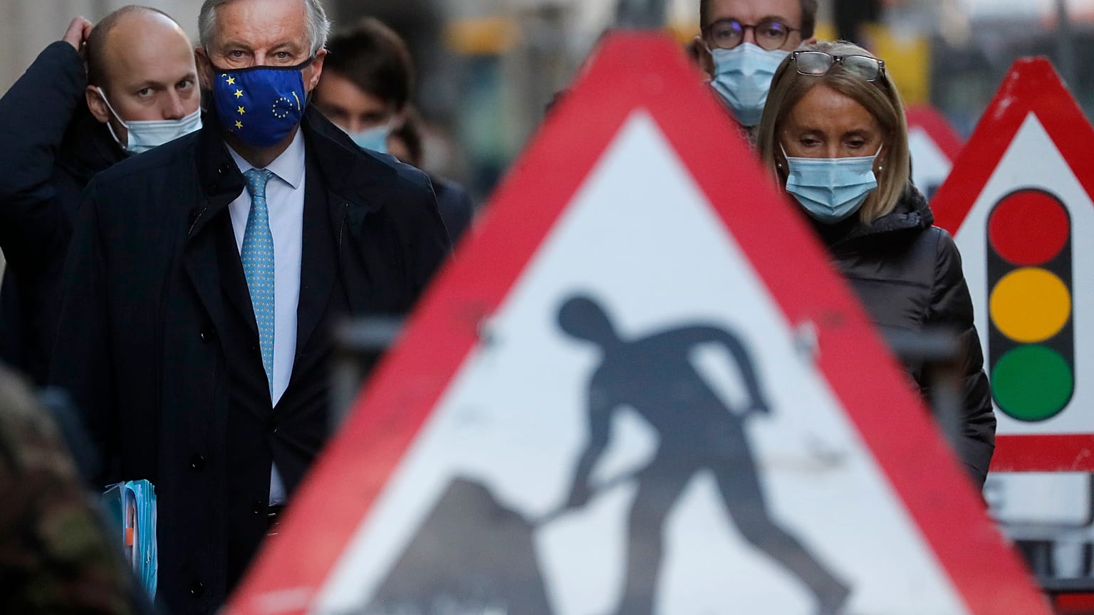 European Commission's Head of Task Force for Relations with the United Kingdom, Michel Barnier, front left, in London during trade talks with the UK, Thursday, 