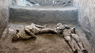 The casts of what are believed to have been a rich man and his male slave fleeing the volcanic eruption of Vesuvius nearly 2,000 years ago.