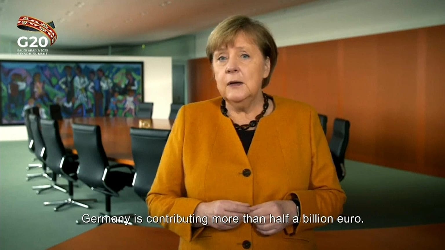 Angela Merkel in einer vorab aufgezeichneten Videobotschaft für das virtuelle Spitzentreffen der G20