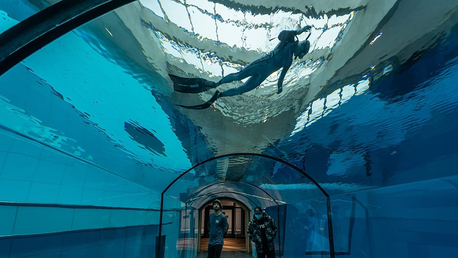 A diver swims in the world's deepest swimming pool in Mszczonow, Poland, on November 21, 2020.