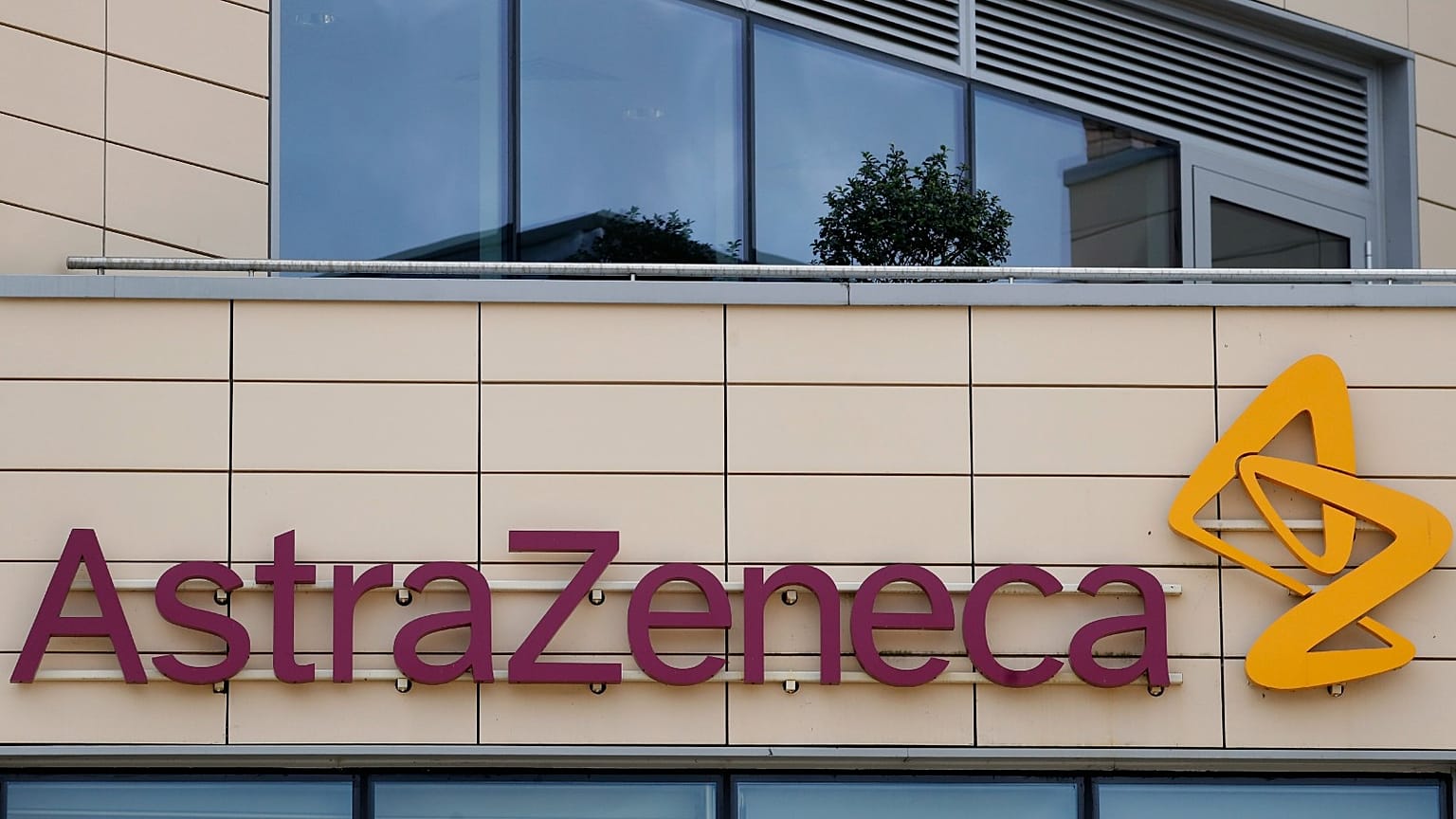 A general view of AstraZeneca offices and the corporate logo in Cambridge, England, Saturday, July 18, 2020