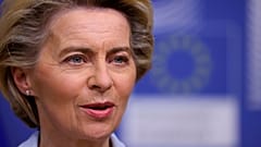 European Commission President Ursula von der Leyen gives a statement at the EU headquarters in Brussels, Monday, Nov. 16, 2020.