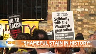 Sign reads 'Solidarity with the Windrush generation' at a demostration in London